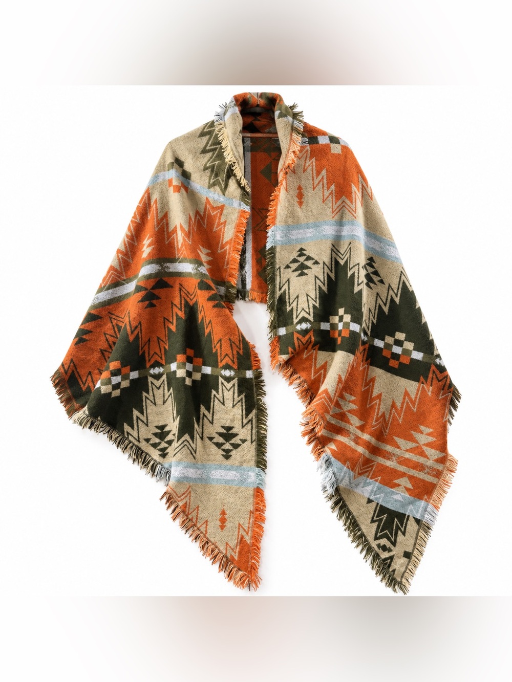 Southwestern Geometric Blanket Scarf Shawl Wrap Rust Olive Fringe Boho